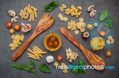 Italian Foods Concept And Menu Design. Fettuccine With Wooden Sp… Stock Photo