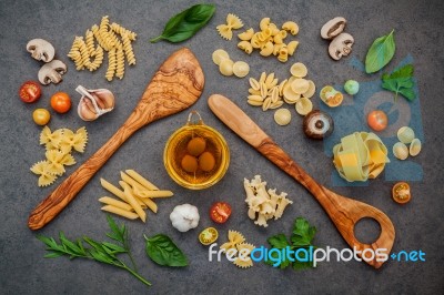 Italian Foods Concept And Menu Design. Fettuccine With Wooden Sp… Stock Photo