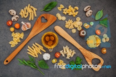 Italian Foods Concept And Menu Design. Fettuccine With Wooden Sp… Stock Photo