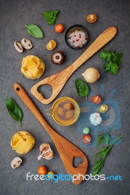 Italian Foods Concept And Menu Design. Fettuccine With Wooden Sp… Stock Photo