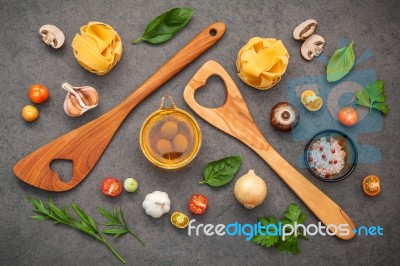 Italian Foods Concept And Menu Design. Fettuccine With Wooden Sp… Stock Photo