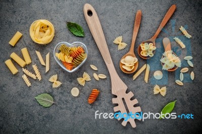 Italian Foods Concept And Menu Design. Various Kind Of Pasta Far… Stock Photo