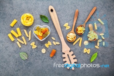 Italian Foods Concept And Menu Design. Various Kind Of Pasta Far… Stock Photo