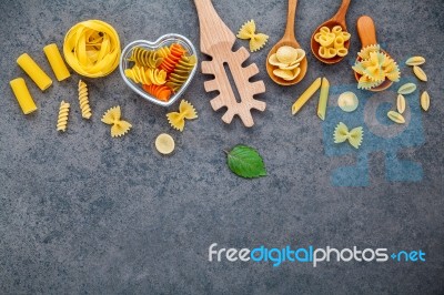 Italian Foods Concept And Menu Design. Various Kind Of Pasta Far… Stock Photo