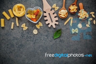 Italian Foods Concept And Menu Design. Various Kind Of Pasta Far… Stock Photo