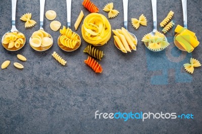 Italian Foods Concept And Menu Design. Various Kind Of Pasta Far… Stock Photo