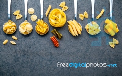 Italian Foods Concept And Menu Design. Various Kind Of Pasta Far… Stock Photo