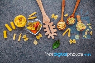 Italian Foods Concept And Menu Design. Various Kind Of Pasta Far… Stock Photo