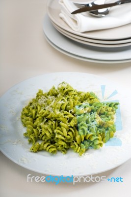 Italian Fusilli Pasta And Pesto Stock Photo