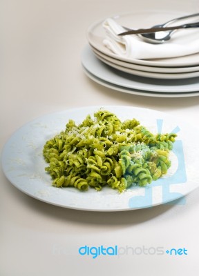 Italian Fusilli Pasta And Pesto Stock Photo