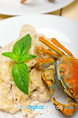 Italian Gnocchi With Seafood Sauce With Crab And Basil Stock Photo