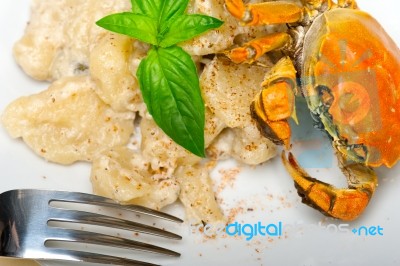 Italian Gnocchi With Seafood Sauce With Crab And Basil Stock Photo