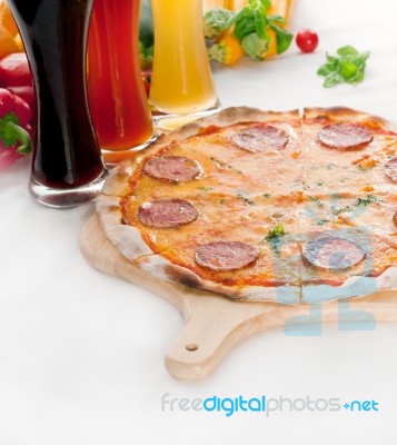 Italian Original Thin Crust  Pepperoni Pizza Stock Photo