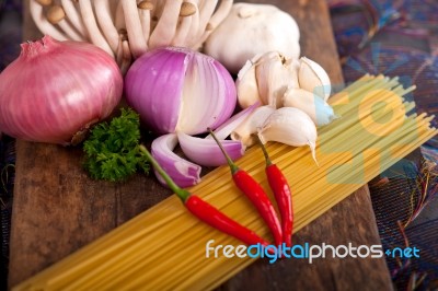 Italian Pasta And Mushroom Sauce Ingredients Stock Photo