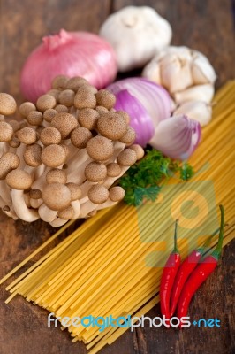 Italian Pasta And Mushroom Sauce Ingredients Stock Photo