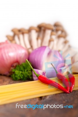 Italian Pasta And Mushroom Sauce Ingredients Stock Photo