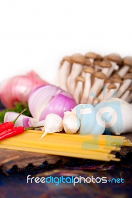 Italian Pasta And Mushroom Sauce Ingredients Stock Photo