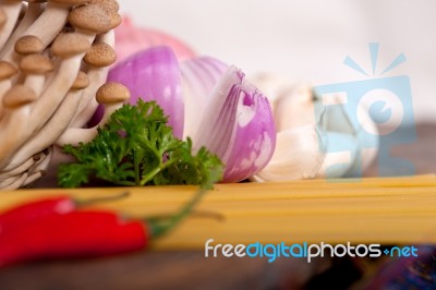 Italian Pasta And Mushroom Sauce Ingredients Stock Photo