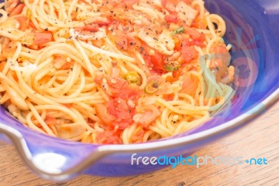 Italian Pasta With Ham, Tomato And Champignon Mushrooms Stock Photo