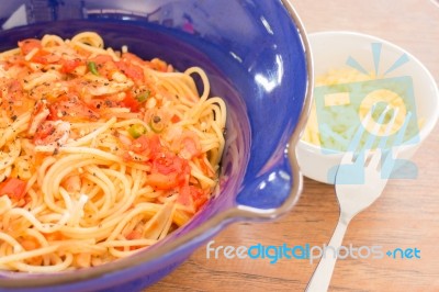 Italian Pasta With Ham, Tomato And Champignon Mushrooms Stock Photo