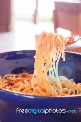 Italian Pasta With Ham, Tomato And Champignon Mushrooms Stock Photo