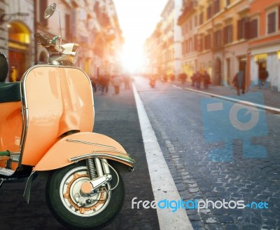 Italian Scooter And Old Building Style In Rome Use As Traveling Background ,backdrop Stock Photo