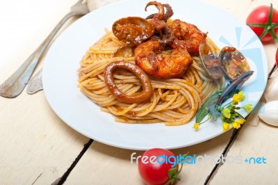 Italian Seafood Spaghetti Pasta On Red Tomato Sauce Stock Photo