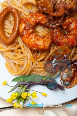 Italian Seafood Spaghetti Pasta On Red Tomato Sauce Stock Photo