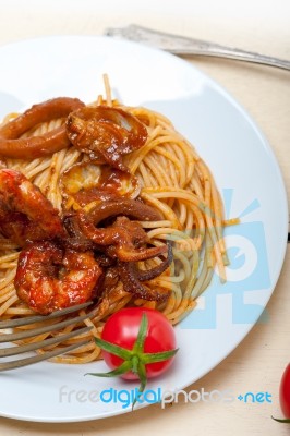 Italian Seafood Spaghetti Pasta On Red Tomato Sauce Stock Photo