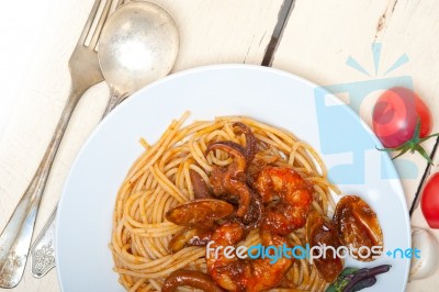 Italian Seafood Spaghetti Pasta On Red Tomato Sauce Stock Photo