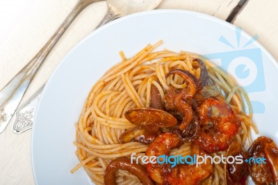 Italian Seafood Spaghetti Pasta On Red Tomato Sauce Stock Photo