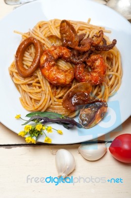 Italian Seafood Spaghetti Pasta On Red Tomato Sauce Stock Photo