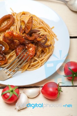 Italian Seafood Spaghetti Pasta On Red Tomato Sauce Stock Photo