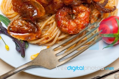 Italian Seafood Spaghetti Pasta On Red Tomato Sauce Stock Photo