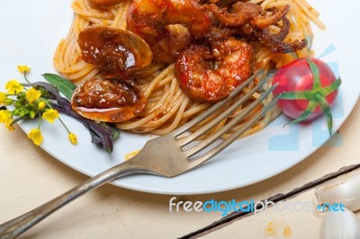 Italian Seafood Spaghetti Pasta On Red Tomato Sauce Stock Photo