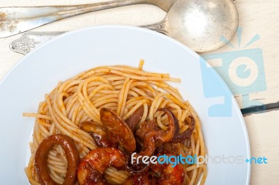 Italian Seafood Spaghetti Pasta On Red Tomato Sauce Stock Photo