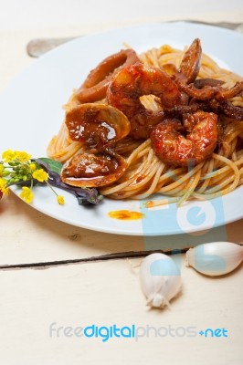 Italian Seafood Spaghetti Pasta On Red Tomato Sauce Stock Photo