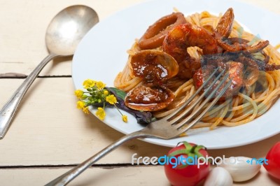 Italian Seafood Spaghetti Pasta On Red Tomato Sauce Stock Photo