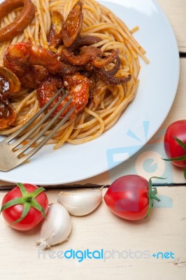 Italian Seafood Spaghetti Pasta On Red Tomato Sauce Stock Photo