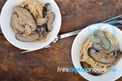 Italian Spaghetti Pasta And Mushrooms Stock Photo