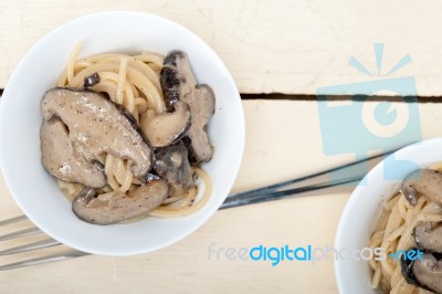 Italian Spaghetti Pasta And Mushrooms Stock Photo