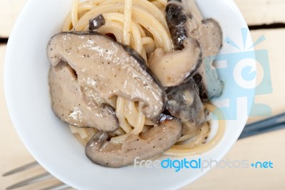 Italian Spaghetti Pasta And Mushrooms Stock Photo