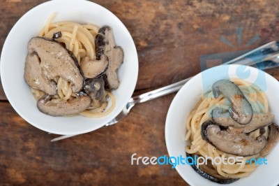 Italian Spaghetti Pasta And Mushrooms Stock Photo