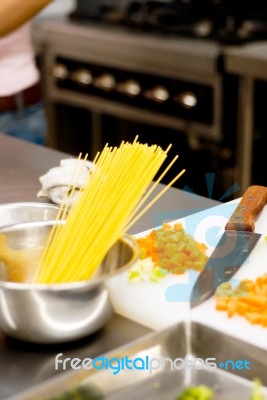 Italian Spaghetti Pasta On Kitchen Stock Photo