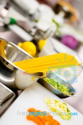 Italian Spaghetti Pasta On Kitchen Stock Photo