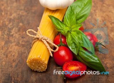 Italian Spaghetti Pasta Tomato And Basil Stock Photo