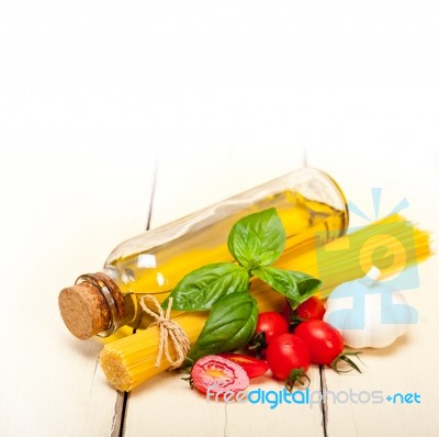 Italian Spaghetti Pasta Tomato And Basil Stock Photo