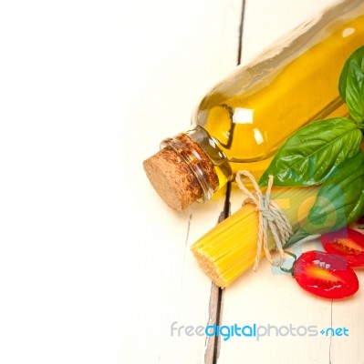 Italian Spaghetti Pasta Tomato And Basil Stock Photo