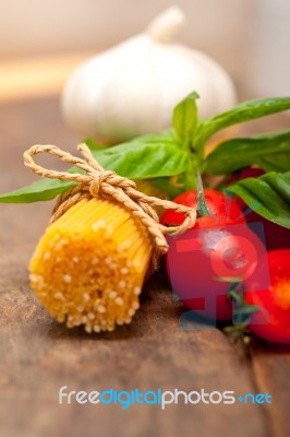 Italian Spaghetti Pasta Tomato And Basil Stock Photo