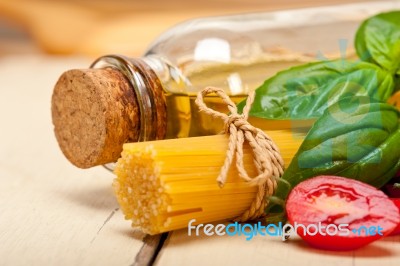 Italian Spaghetti Pasta Tomato And Basil Stock Photo